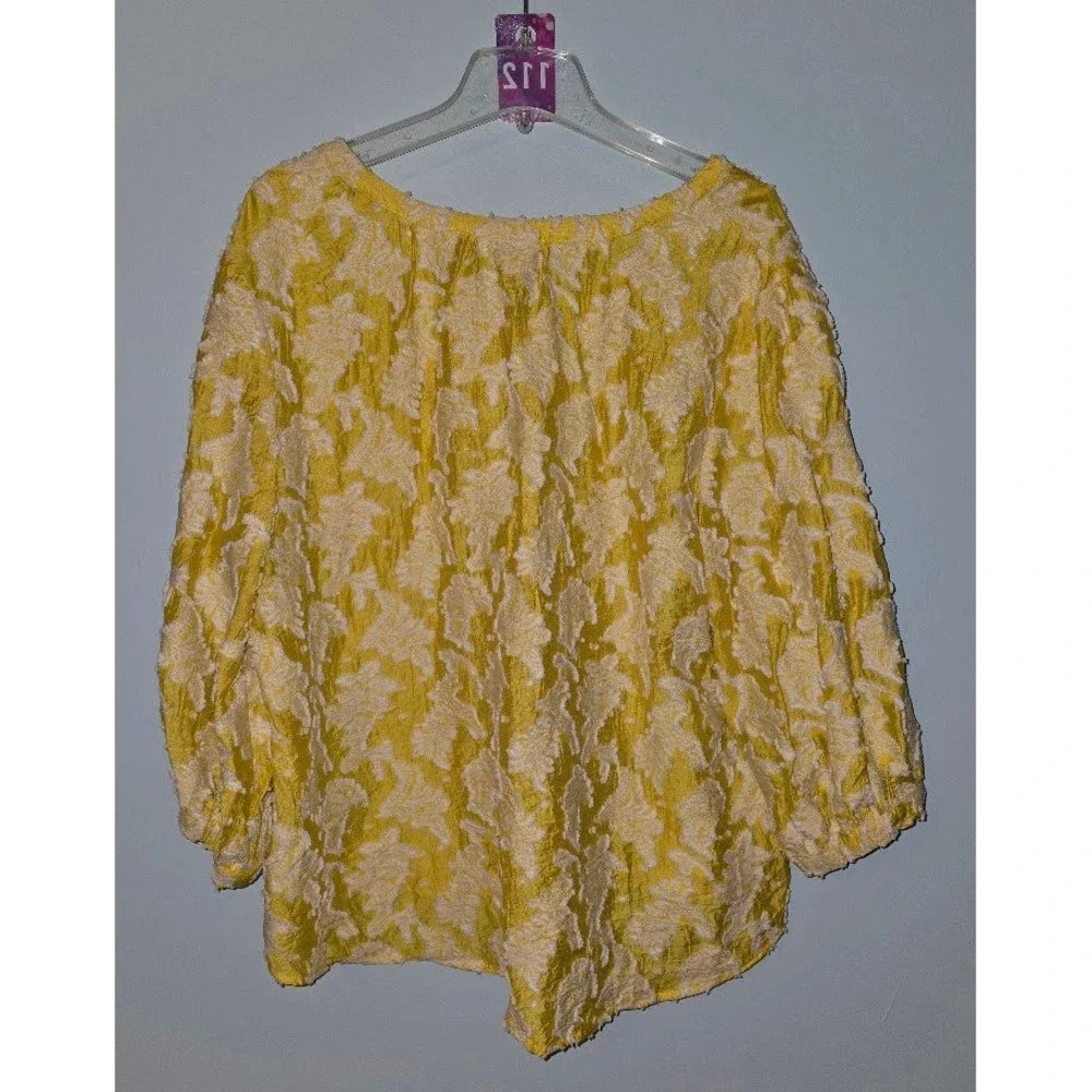 Chico's Womens Blouse Yellow White Paisley Textured Tassel Light Plus Size 4/20